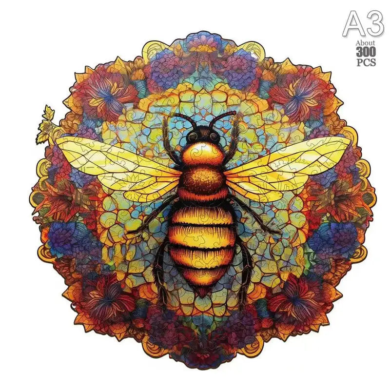 A colorful wooden puzzle featuring a bee, flower, and cat in a circular design.