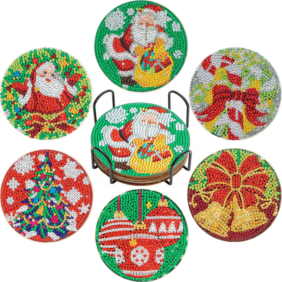 A set of seven mandala flower coasters made of colorful seed beads and sequins.
