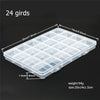 A clear plastic storage box with 24 individual compartments and dividers for jewelry or craft supplies.