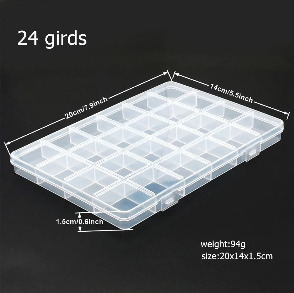 A clear plastic storage box with 24 individual compartments and dividers for jewelry or craft supplies.