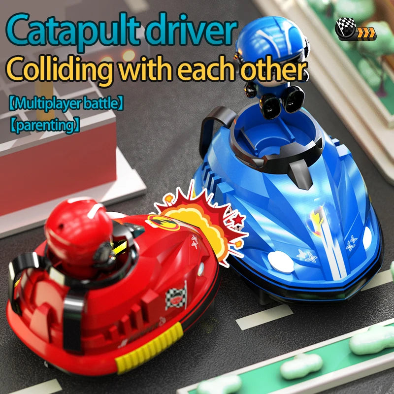 A red catapult driver colliding with a blue one during a multiplayer battle game.