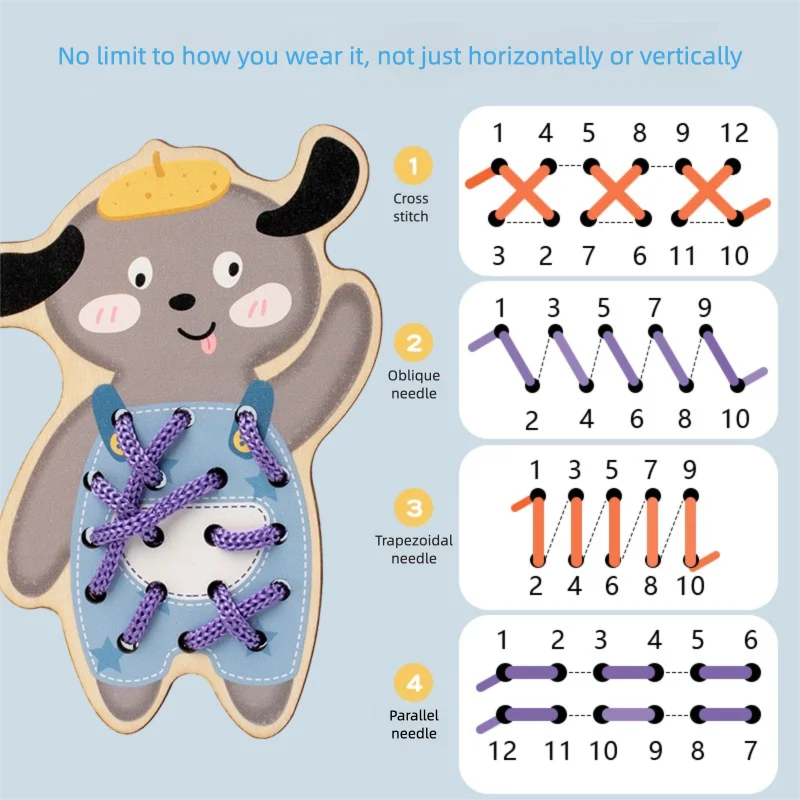 Wooden threading beads lacing toy showing four types of needles for various thread patterns