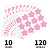 A pack of ten sheets containing 120 pink star design baby shower stickers.