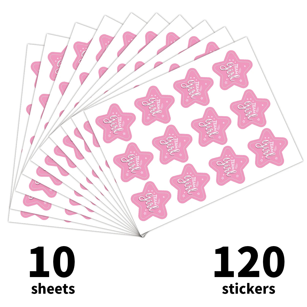 A pack of ten sheets containing 120 pink star design baby shower stickers.