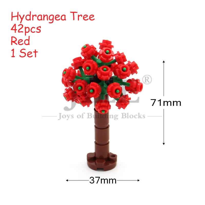 A set of 42 red Hydrangea tree building blocks with a brown stem and flowers.