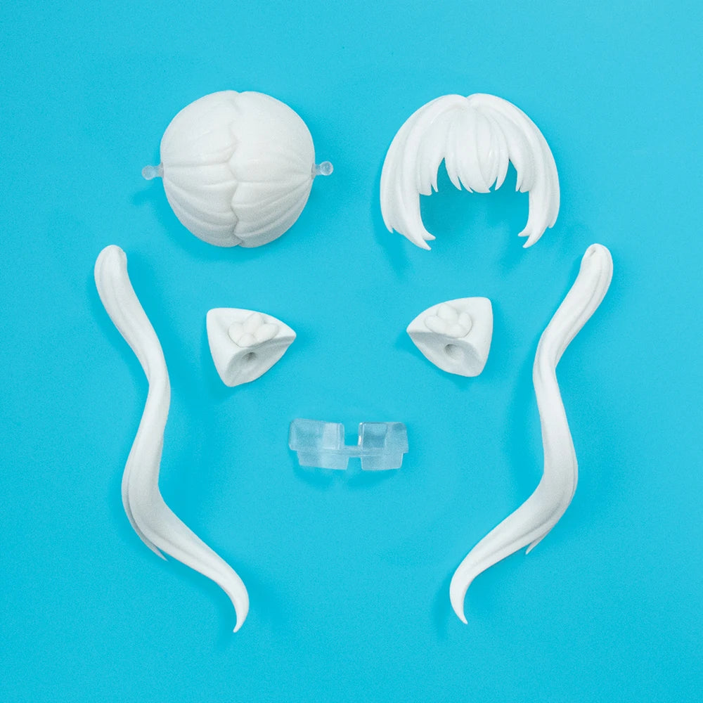 A white, spherical doll head and facial features are displayed against a bright blue background.