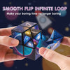 Hands hold a colorful, geometric cube puzzle with a starry sky design.