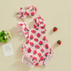 Pink strawberry print baby girls summer romper set with matching headband