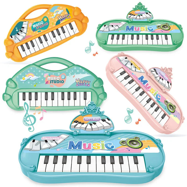 A collection of colorful kids electronic piano toy keyboards in yellow, green, pink, and blue.