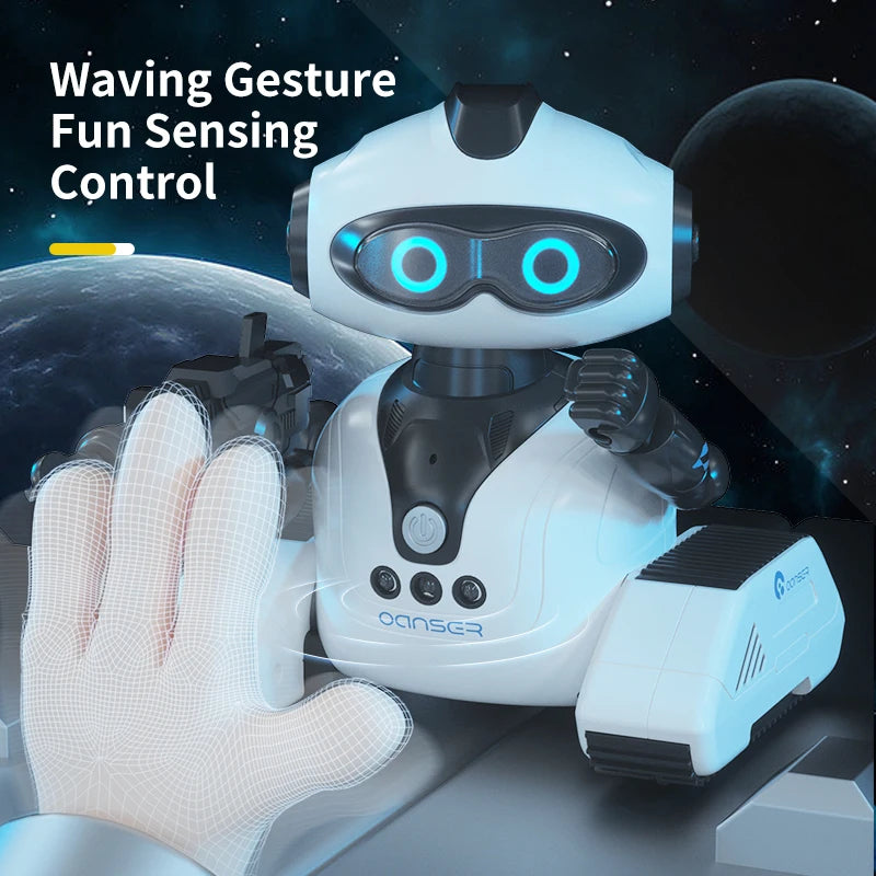 A white robot toy with glowing blue eyes is shown interacting with a hand, demonstrating waving gesture fun sensing control.
