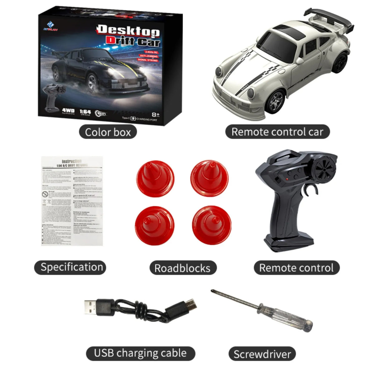 A set of a 1:64 scale remote control drift car, including the car, battery, remote control, and screwdriver.