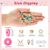 Hand displaying a variety of colorful polymer clay beads and various jewelry findings like rings and clasps.