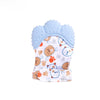 A pair of light blue cartoon baby teething mittens with orange paw prints and bear faces.