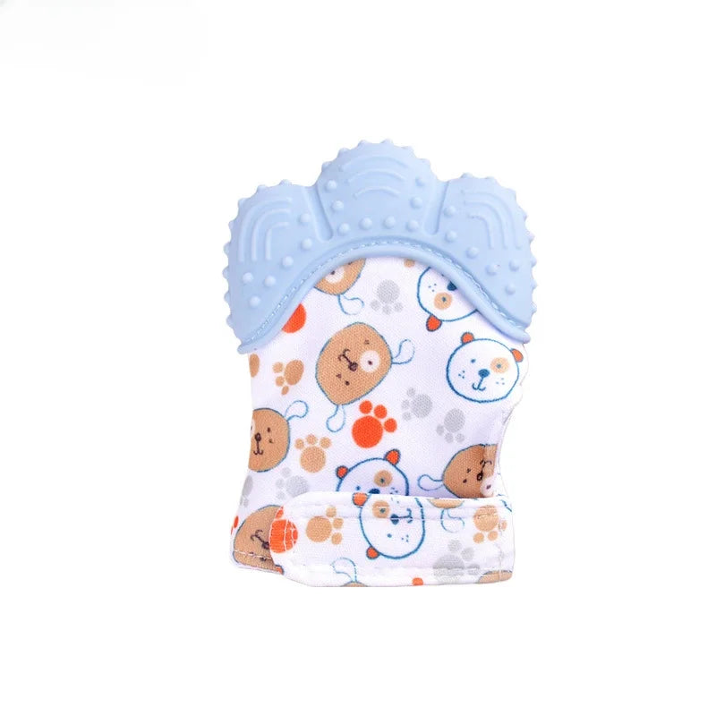 A pair of light blue cartoon baby teething mittens with orange paw prints and bear faces.