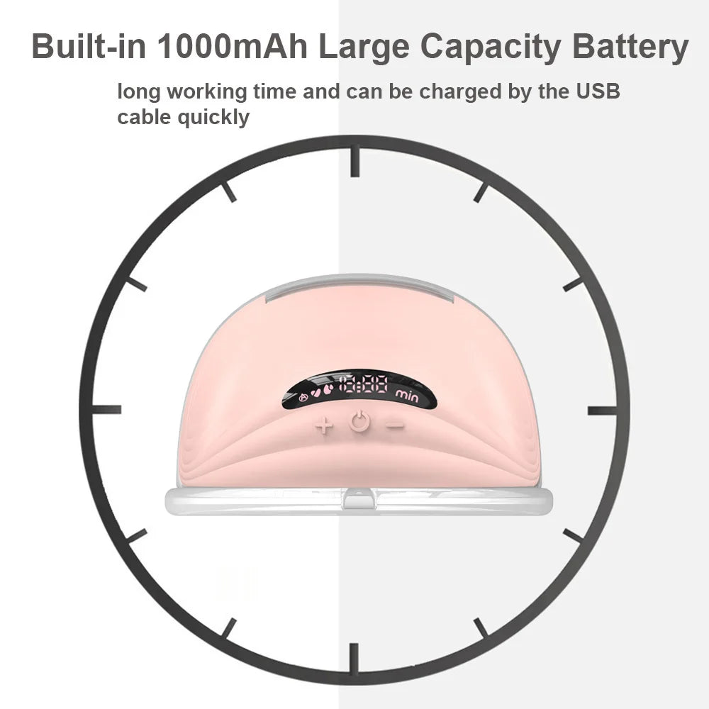 A pink hands-free wearable breast pump device shown on a circular diagram.