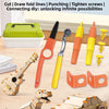 Cardboard structure tool kit showing various tools like punches and screws alongside a dinosaur model.