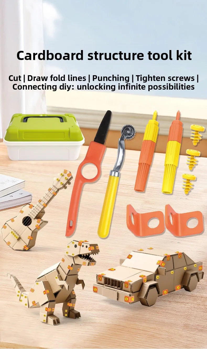 Cardboard structure tool kit showing various tools like punches and screws alongside a dinosaur model.