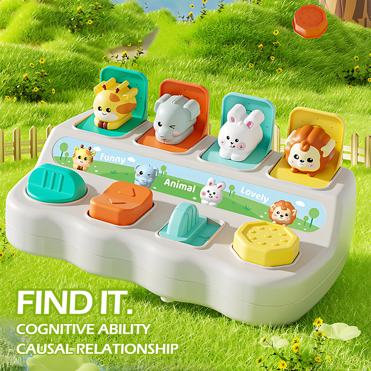 A white toy set featuring various animal figures in colorful plastic compartments for cognitive ability and causal relationsh