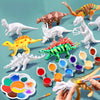 A collection of plastic dinosaur figures and paint supplies for a DIY painting kit.