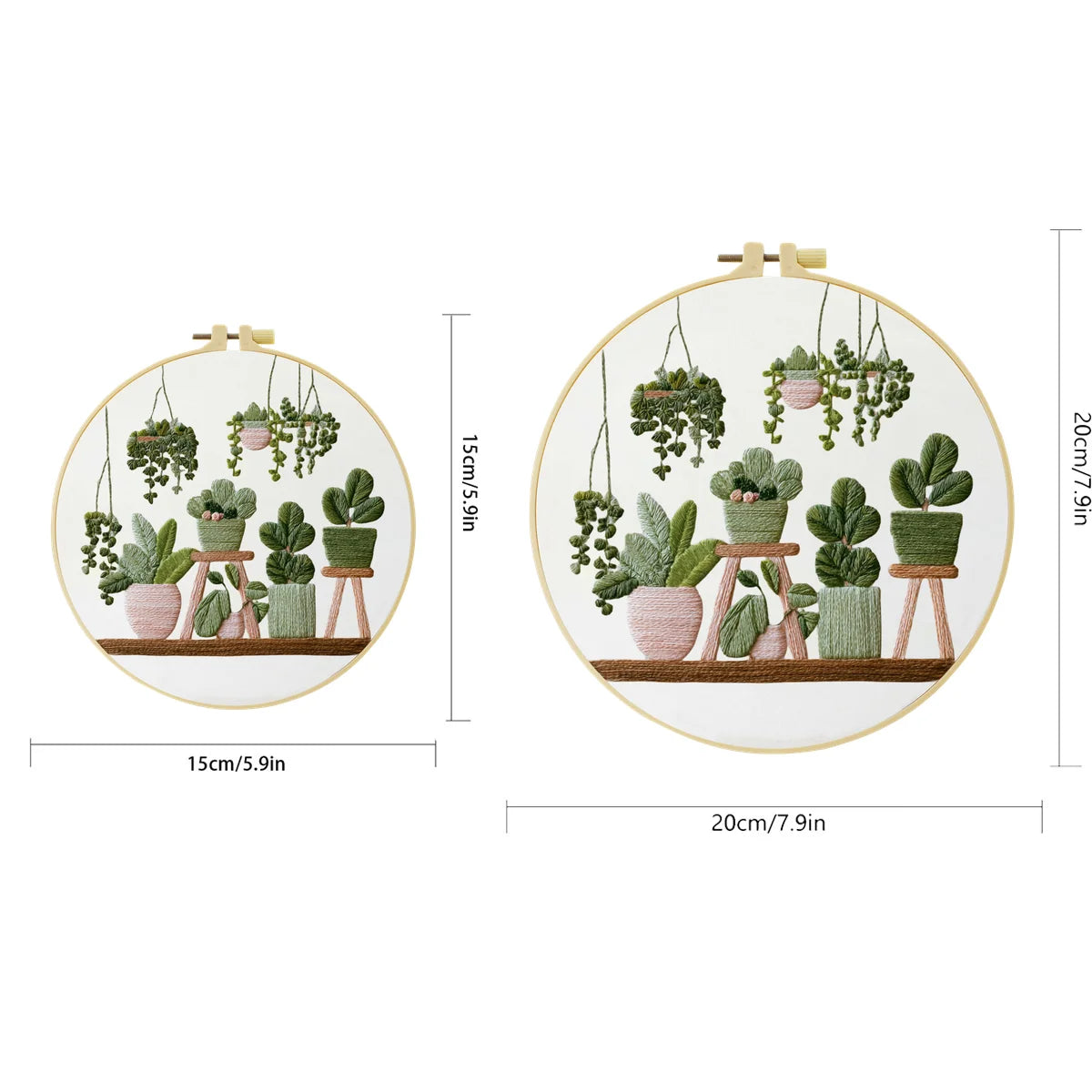 DIY cross stitch starter kit featuring green potted plants and foliage embroidery set