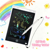 A white 8.5-inch LCD writing tablet with a stylus pen is shown next to a colorful rainbow and sun illustration.