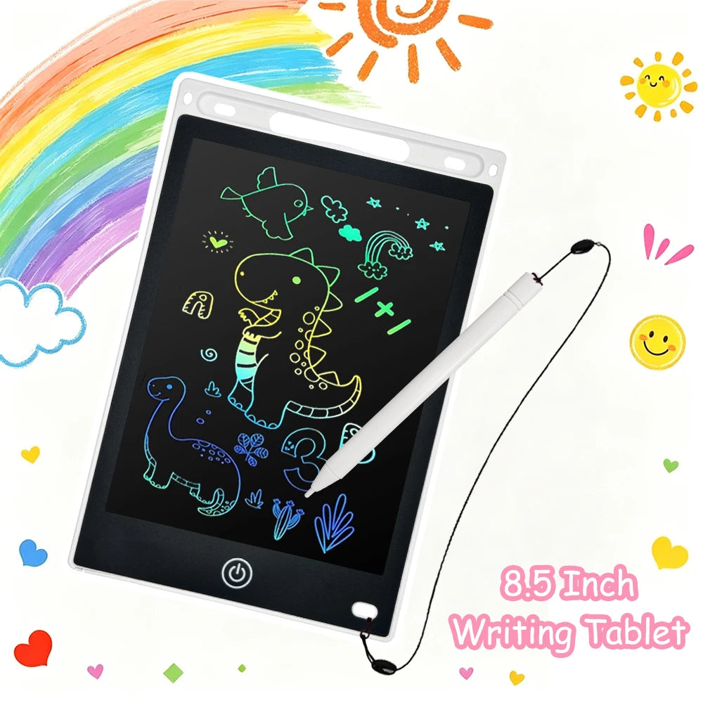 A white 8.5-inch LCD writing tablet with a stylus pen is shown next to a colorful rainbow and sun illustration.
