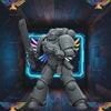 A 1/18 scale Warhammer 40K Intercessor action figure in a dark, atmospheric setting.