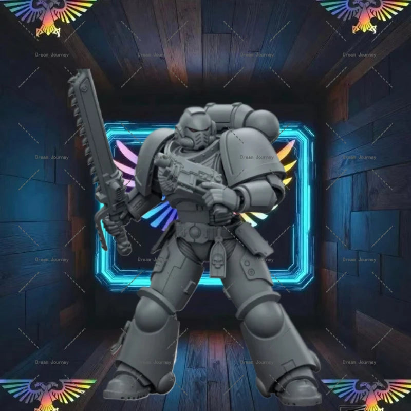 A 1/18 scale Warhammer 40K Intercessor action figure in a dark, atmospheric setting.