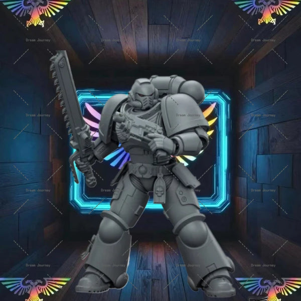A 1/18 scale Warhammer 40K Intercessor action figure in a dark, atmospheric setting.