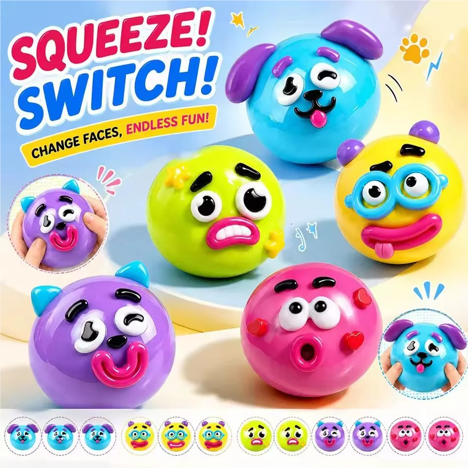 A collection of colorful dog face swap squishy toys in various expressions and colors.