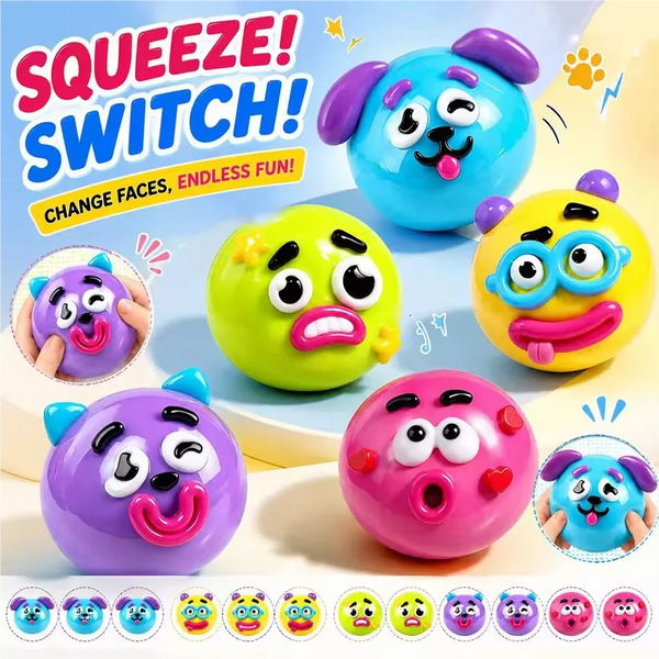 A collection of colorful dog face swap squishy toys in various expressions and colors.