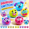 A collection of colorful dog face swap squishy toys in various expressions and colors.
