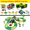 A buildable toy set featuring a race car and track elements with various dinosaur figures.
