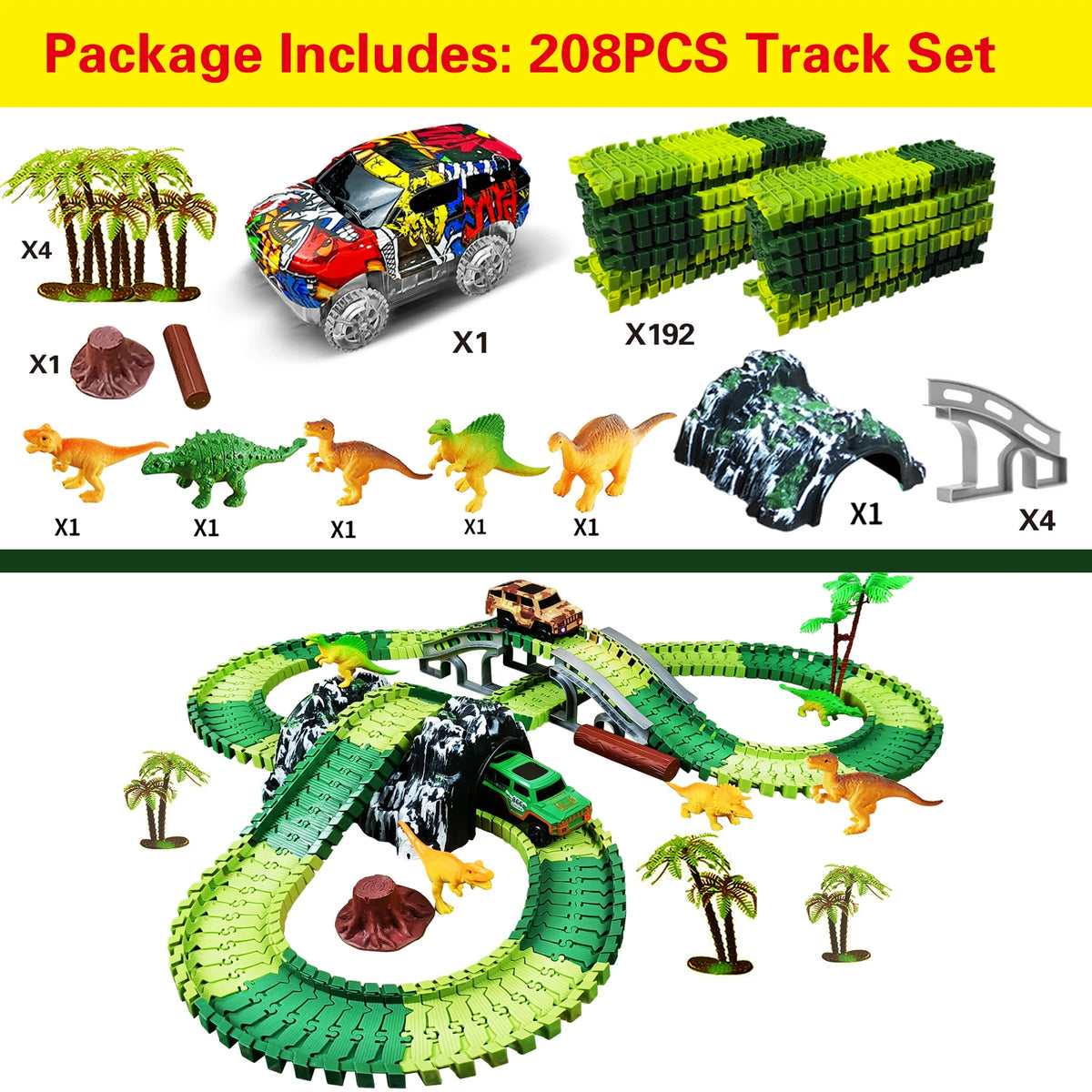 A buildable toy set featuring a race car and track elements with various dinosaur figures.