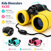 A pair of yellow kids binoculars with black accents and a neck strap are shown against a white background.