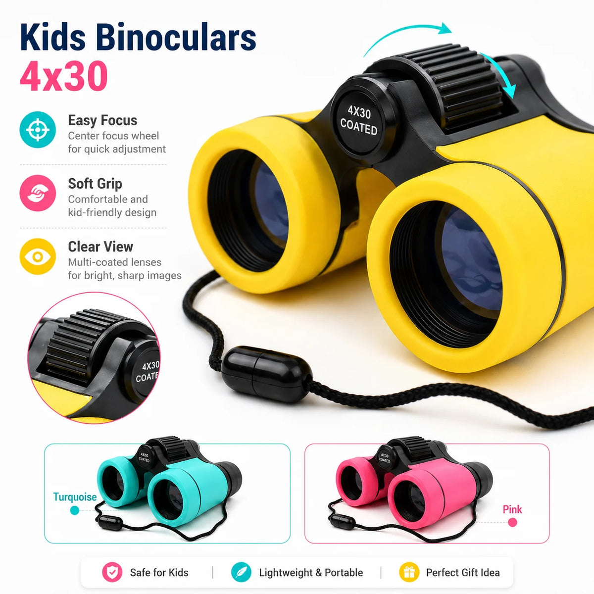 A pair of yellow kids binoculars with black accents and a neck strap are shown against a white background.