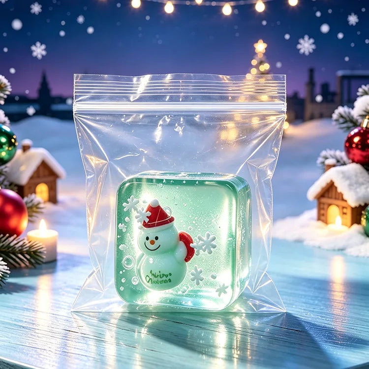 A clear plastic bag contains a glowing green fidget cube shaped like a snowman, festive ghost, pumpkin, and Santa.