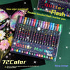 A set of 72 color glitter markers in a plastic case is shown next to a butterfly and a marker pen.