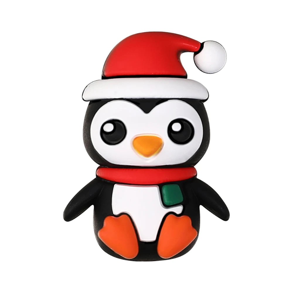 A cute silicone bead charm shaped like an angry penguin wearing a red Santa hat.
