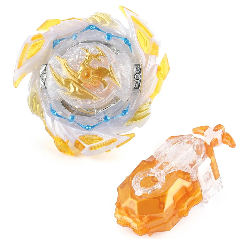 A metal spinning top battle set featuring a translucent white and gold design with a clear string launcher component.