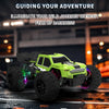 A bright lime green off-road RC car with purple LED lights is positioned on a dark surface.