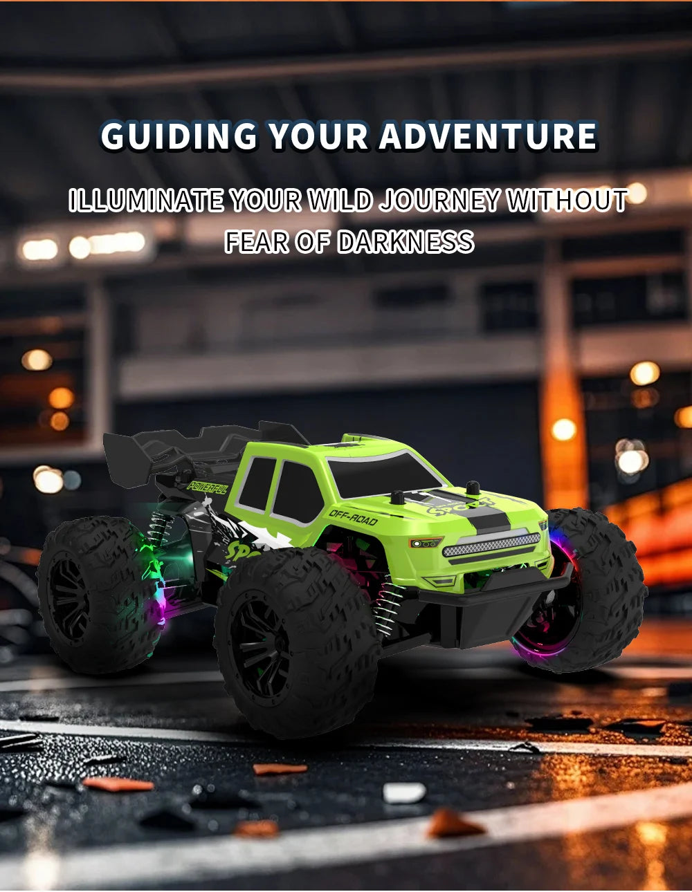 A bright lime green off-road RC car with purple LED lights is positioned on a dark surface.