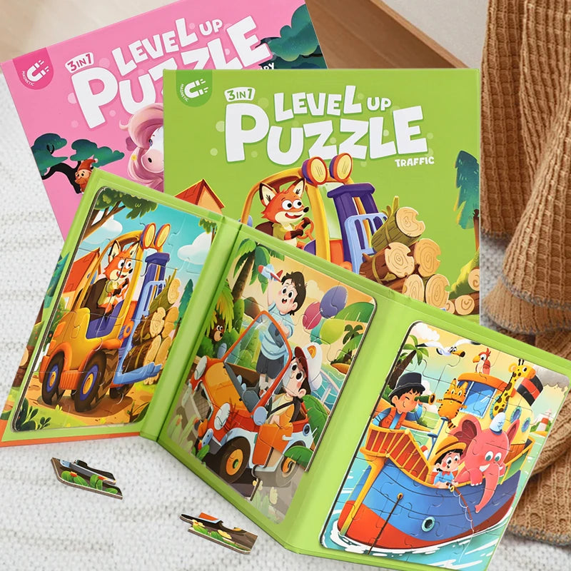 A set of Level Up Puzzle Traffic vehicles in a folding magnetic puzzle box with colorful illustrations.