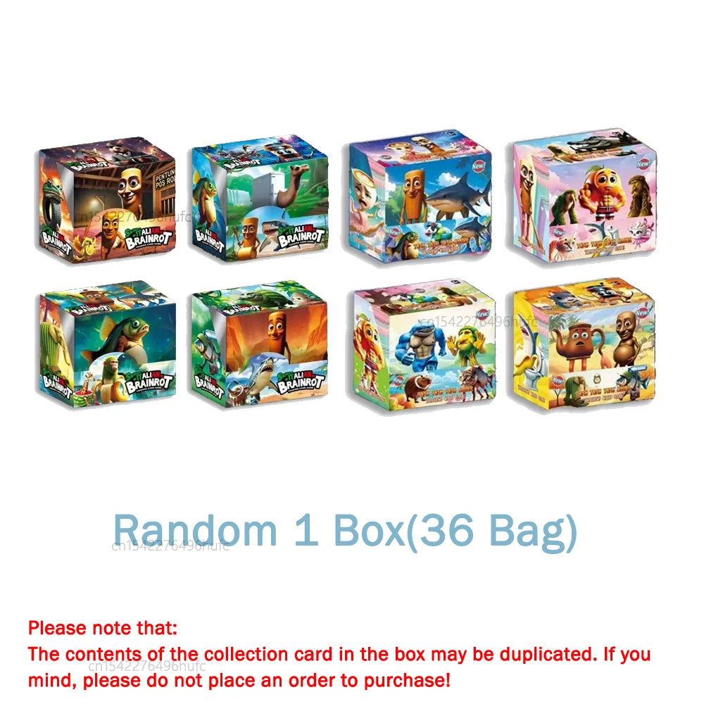 A collection of ten boxed Meme Brainrot trading cards featuring various funny characters and scenes.