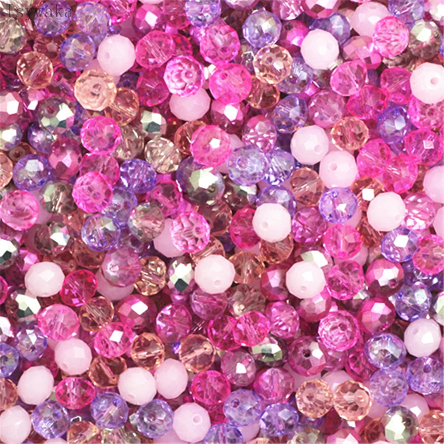 Multicolor round crystal glass beads for jewelry making in shades of pink, purple, and rose gold.