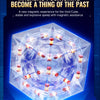 A transparent magnetic cube puzzle with internal components glowing brightly on a blue surface.