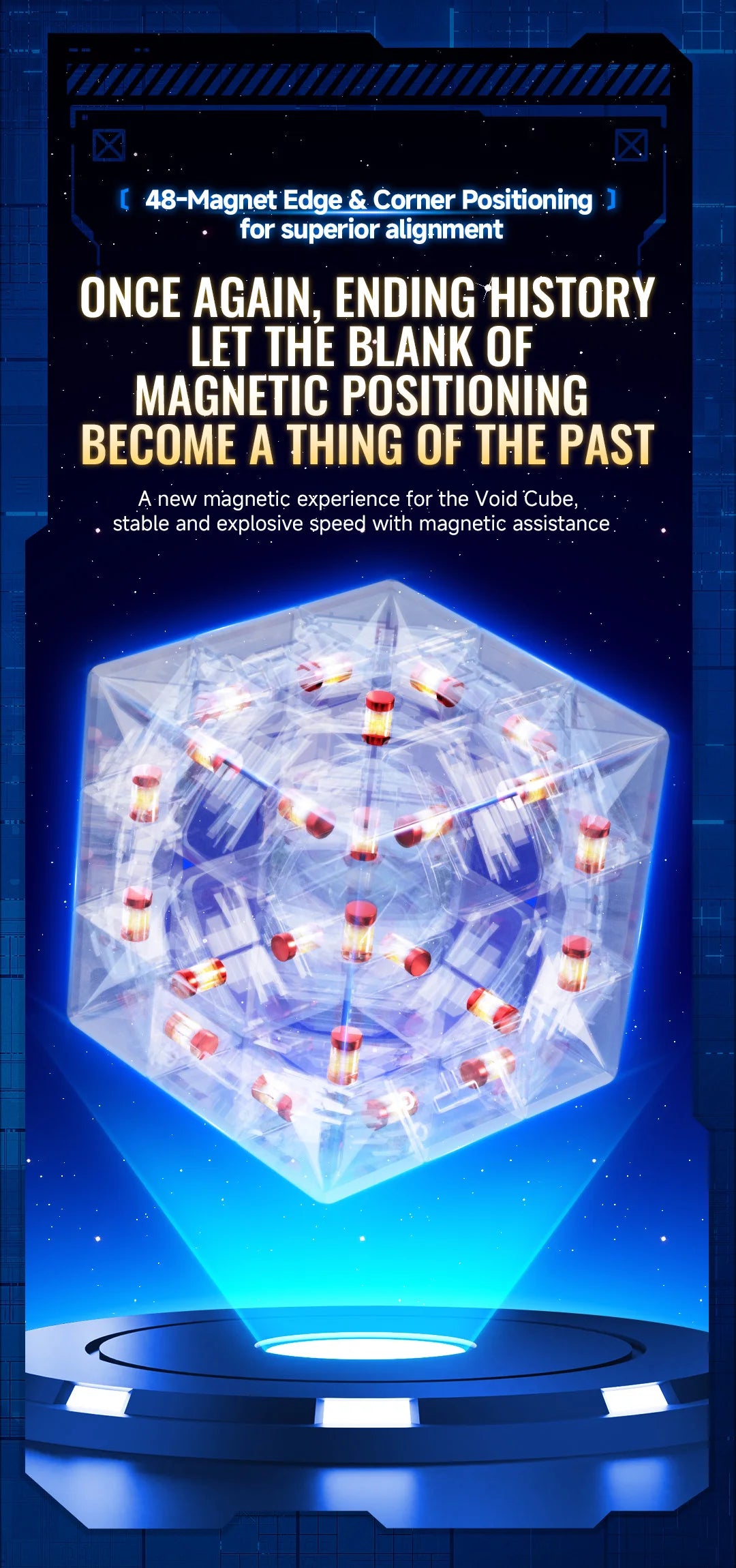 A transparent magnetic cube puzzle with internal components glowing brightly on a blue surface.