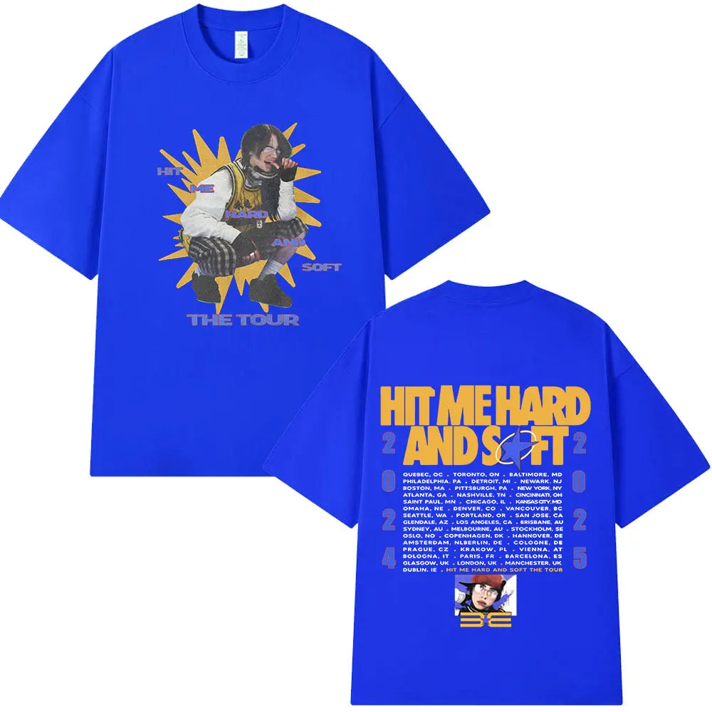 Blue cotton t-shirt featuring a graphic design related to the Hit Me Hard and Soft Tour