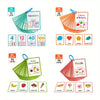 Collection de cartes éducatives avec chiffres, couleurs, formes, fruits et légumes pour enfants.