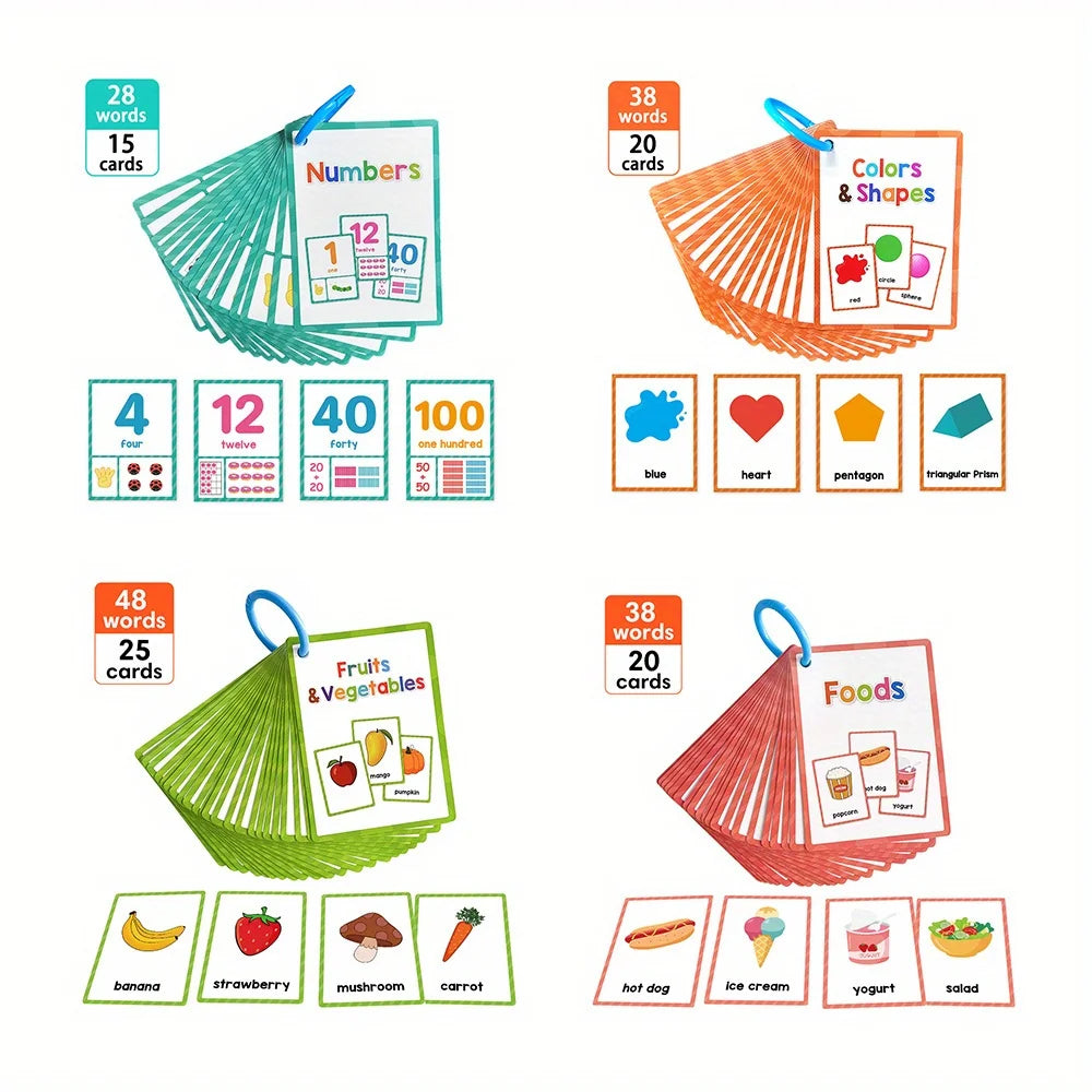 Collection de cartes éducatives avec chiffres, couleurs, formes, fruits et légumes pour enfants.